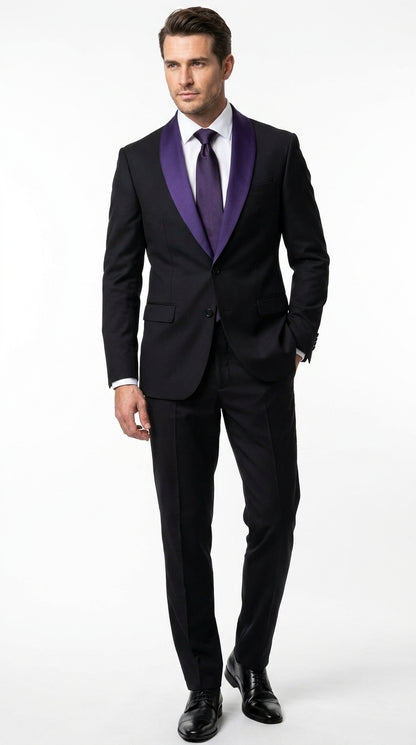 Mens Black Suit with Purple Lapel – Elegant Formal Tuxedo Style Suit for Wedding, Prom, Party and Evening Wear