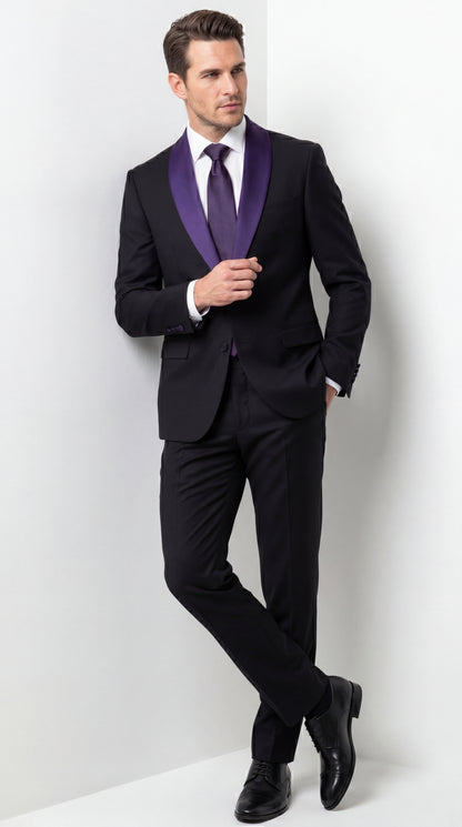 Mens Black Suit with Purple Lapel – Elegant Formal Tuxedo Style Suit for Wedding, Prom, Party and Evening Wear