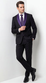Mens Black Suit with Purple Lapel – Elegant Formal Tuxedo Style Suit for Wedding, Prom, Party and Evening Wear