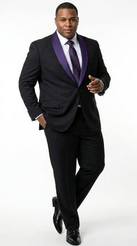 Mens Black Suit with Purple Lapel – Elegant Formal Tuxedo Style Suit for Wedding, Prom, Party and Evening Wear