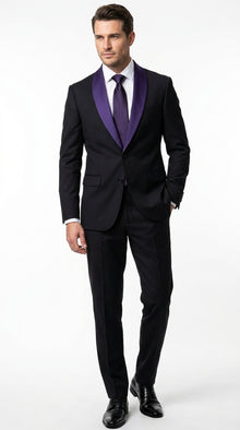Mens Black Suit with Purple Lapel – Elegant Formal Tuxedo Style Suit for Wedding, Prom, Party and Evening Wear