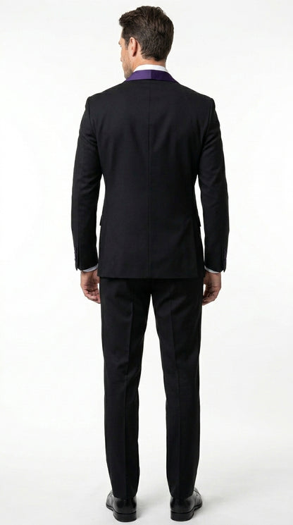 Mens Black Suit with Purple Lapel – Elegant Formal Tuxedo Style Suit for Wedding, Prom, Party and Evening Wear
