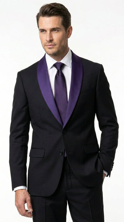 Mens Black Suit with Purple Lapel – Elegant Formal Tuxedo Style Suit for Wedding, Prom, Party and Evening Wear