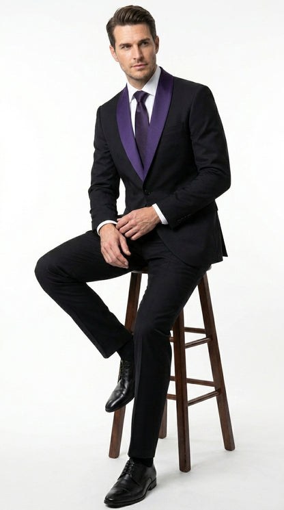 Mens Black Suit with Purple Lapel – Elegant Formal Tuxedo Style Suit for Wedding, Prom, Party and Evening Wear