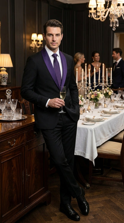 Mens Black Suit with Purple Lapel – Elegant Formal Tuxedo Style Suit for Wedding, Prom, Party and Evening Wear