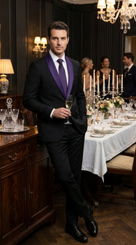 Mens Black Suit with Purple Lapel – Elegant Formal Tuxedo Style Suit for Wedding, Prom, Party and Evening Wear