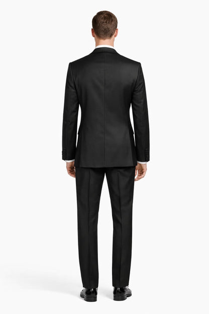 2 Button Solid Black Tuxedo With Black Trim No Pleated Pants Wool Suit - Image 2