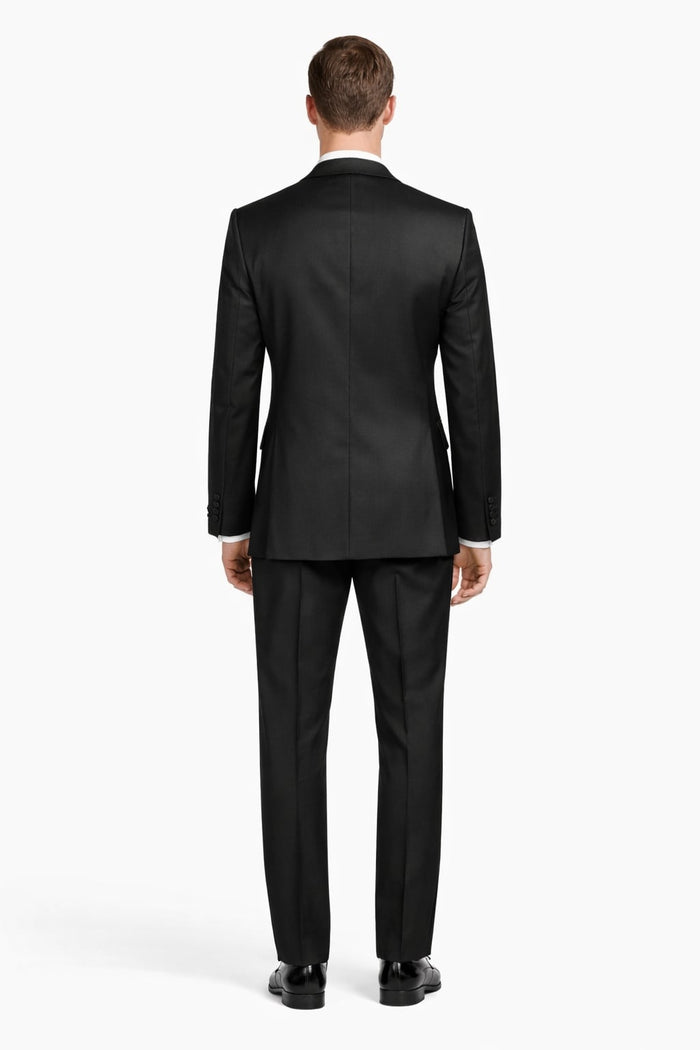 2 Button Solid Black Tuxedo With Black Trim No Pleated Pants Wool Suit - Image 2