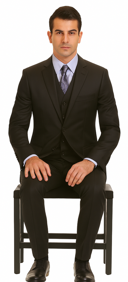 Vitali Brand Suits - Men's Black Ultra fine Super fine poly blend Vested Suit