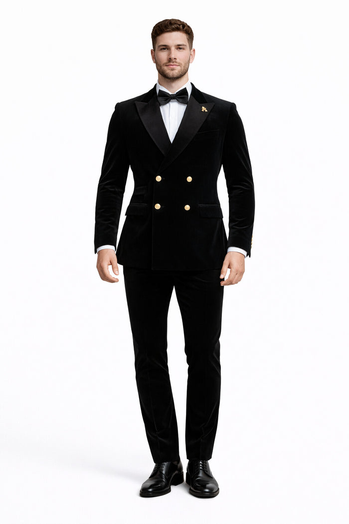 Mens Velvet Suit - Slim Fit Double Breasted Suit Blazer and Pants - Green