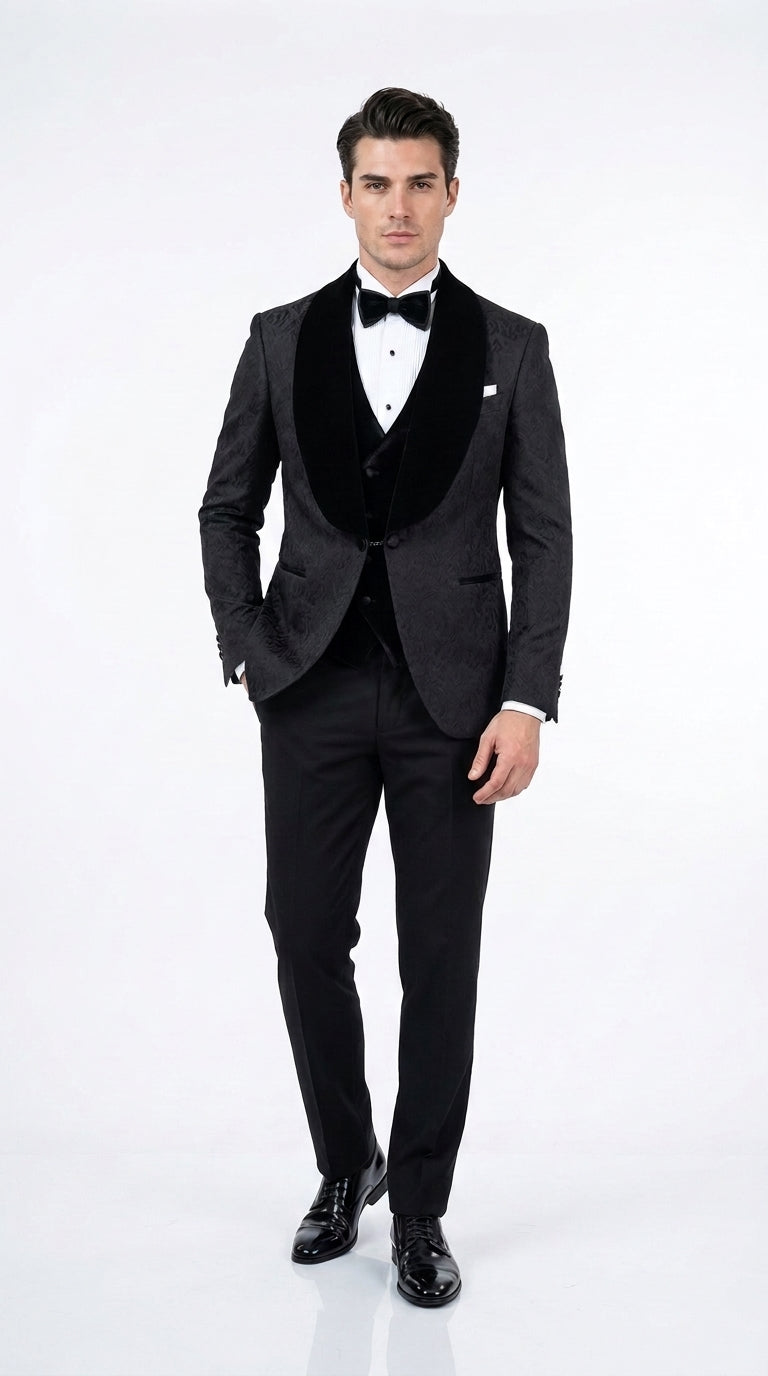 Men’s Black With Velvet collar 3 Piece Tuxedo Suit – Floral Jacquard Dinner Jacket with  Vest and Bowtie