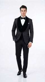 Men’s Black With Velvet collar 3 Piece Tuxedo Suit – Floral Jacquard Dinner Jacket with  Vest and Bowtie