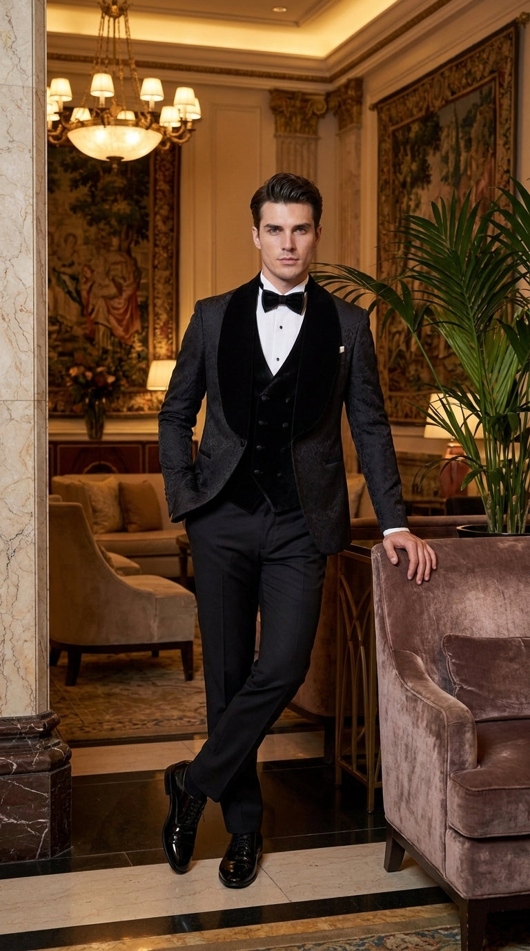 Men’s Black With Velvet collar 3 Piece Tuxedo Suit – Floral Jacquard Dinner Jacket with  Vest and Bowtie