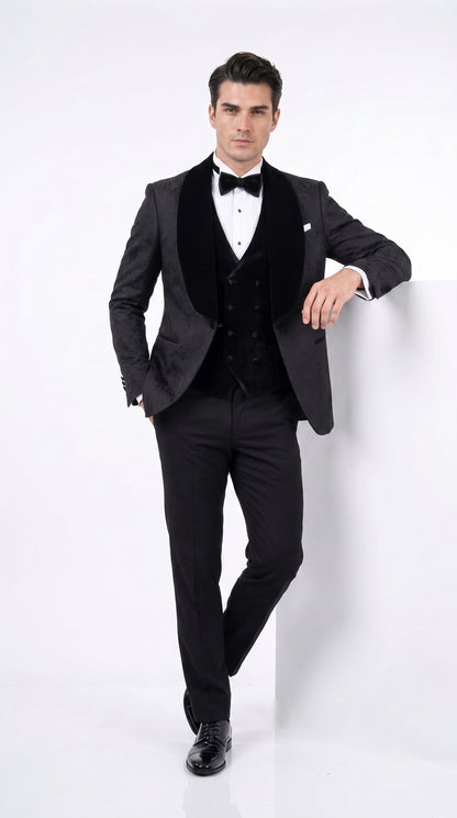 Men’s Black With Velvet collar 3 Piece Tuxedo Suit – Floral Jacquard Dinner Jacket with  Vest and Bowtie