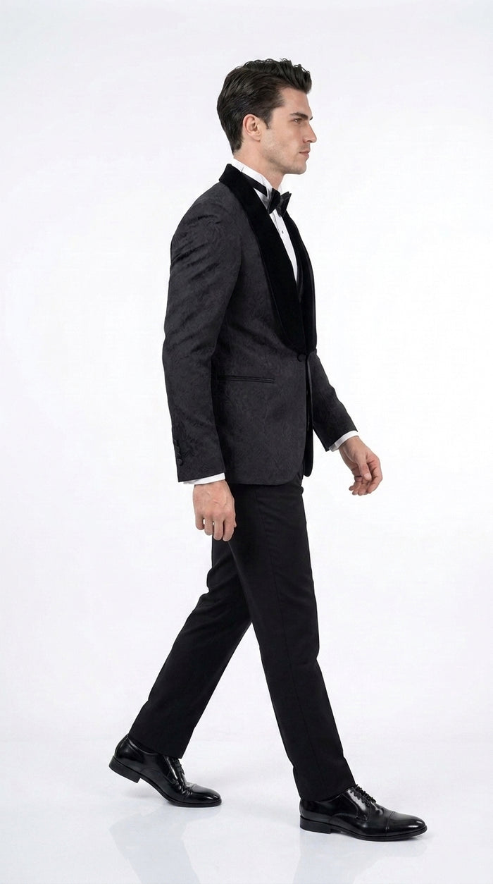 Men’s Black With Velvet collar 3 Piece Tuxedo Suit – Floral Jacquard Dinner Jacket with  Vest and Bowtie
