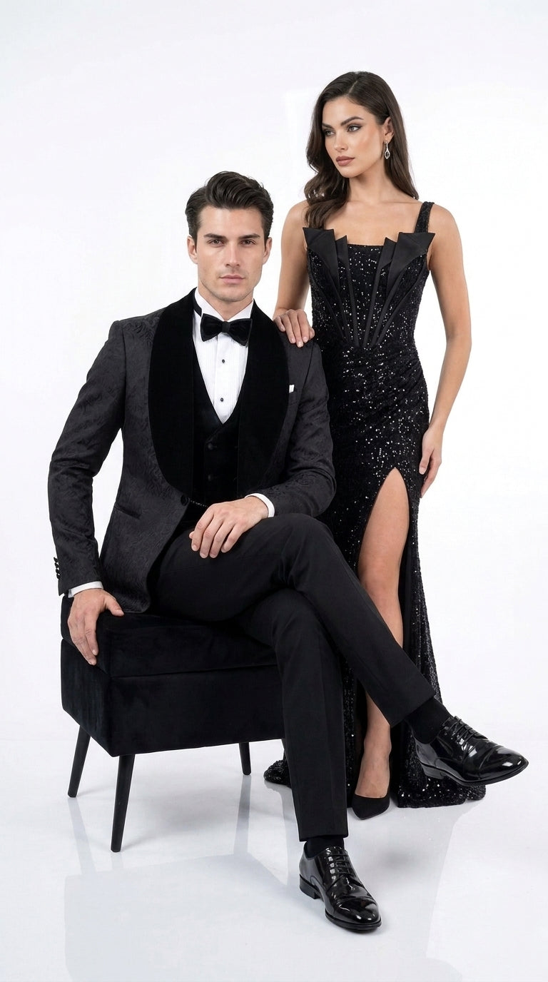 Men’s Black With Velvet collar 3 Piece Tuxedo Suit – Floral Jacquard Dinner Jacket with  Vest and Bowtie