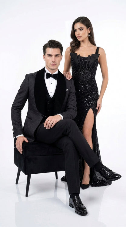 Men’s Black With Velvet collar 3 Piece Tuxedo Suit – Floral Jacquard Dinner Jacket with  Vest and Bowtie