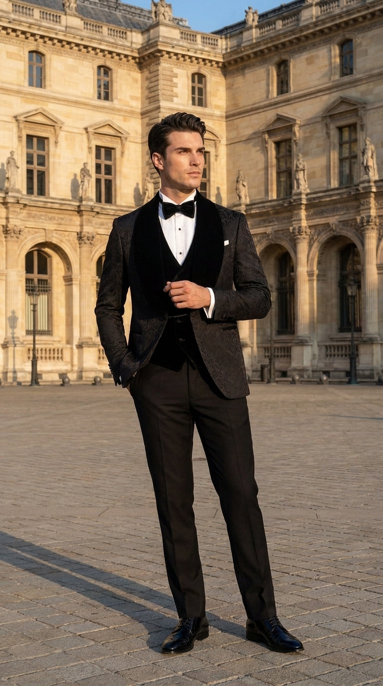 Men’s Black With Velvet collar 3 Piece Tuxedo Suit – Floral Jacquard Dinner Jacket with  Vest and Bowtie