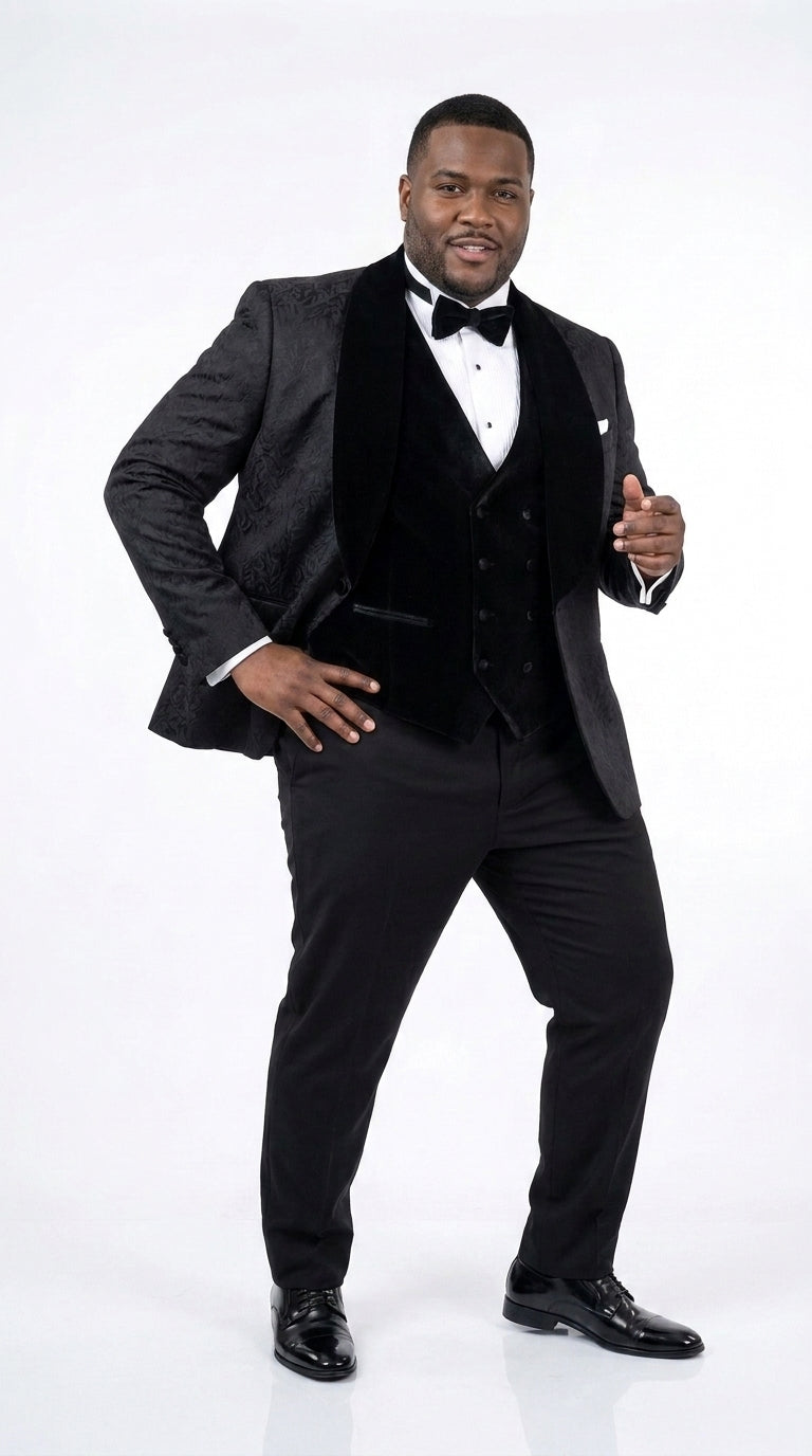 Men’s Black With Velvet collar 3 Piece Tuxedo Suit – Floral Jacquard Dinner Jacket with  Vest and Bowtie