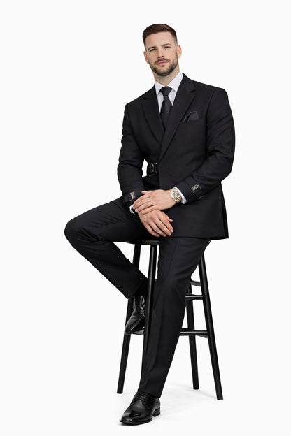 Men’s Black Double Breasted Wool Suit with Metal Buckle Closure Modern Fit