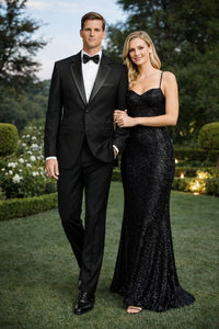 2 Button Solid Black Tuxedo With Black Trim No Pleated Pants Wool Suit