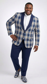 Mens Blue and White - Royal Plaid Tuxedo Suit Set – Checkered Prom Suit with Navy Pants Christmas Holiday New Year Jacket