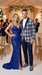 Mens Blue and White - Royal Plaid Tuxedo Suit Set – Checkered Prom Suit with Navy Pants Christmas Holiday New Year Jacket