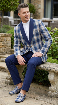 Mens Blue and White - Royal Plaid Tuxedo Suit Set – Checkered Prom Suit with Navy Pants Christmas Holiday New Year Jacket