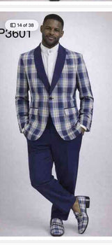Mens Blue and White - Royal Plaid Tuxedo Suit Set – Checkered Prom Suit with Navy Pants Christmas Holiday New Year Jacket
