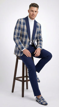 Mens Blue and White - Royal Plaid Tuxedo Suit Set – Checkered Prom Suit with Navy Pants Christmas Holiday New Year Jacket