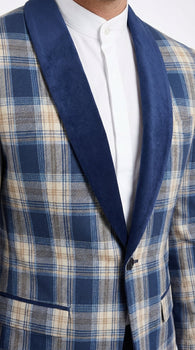 Mens Blue and White - Royal Plaid Tuxedo Suit Set – Checkered Prom Suit with Navy Pants Christmas Holiday New Year Jacket