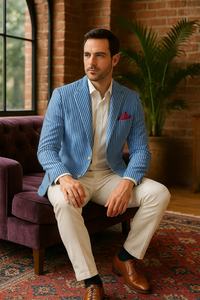 Mens Italian Lavender Seersucker Blazer – Lightweight Summer Striped Suit Jacket