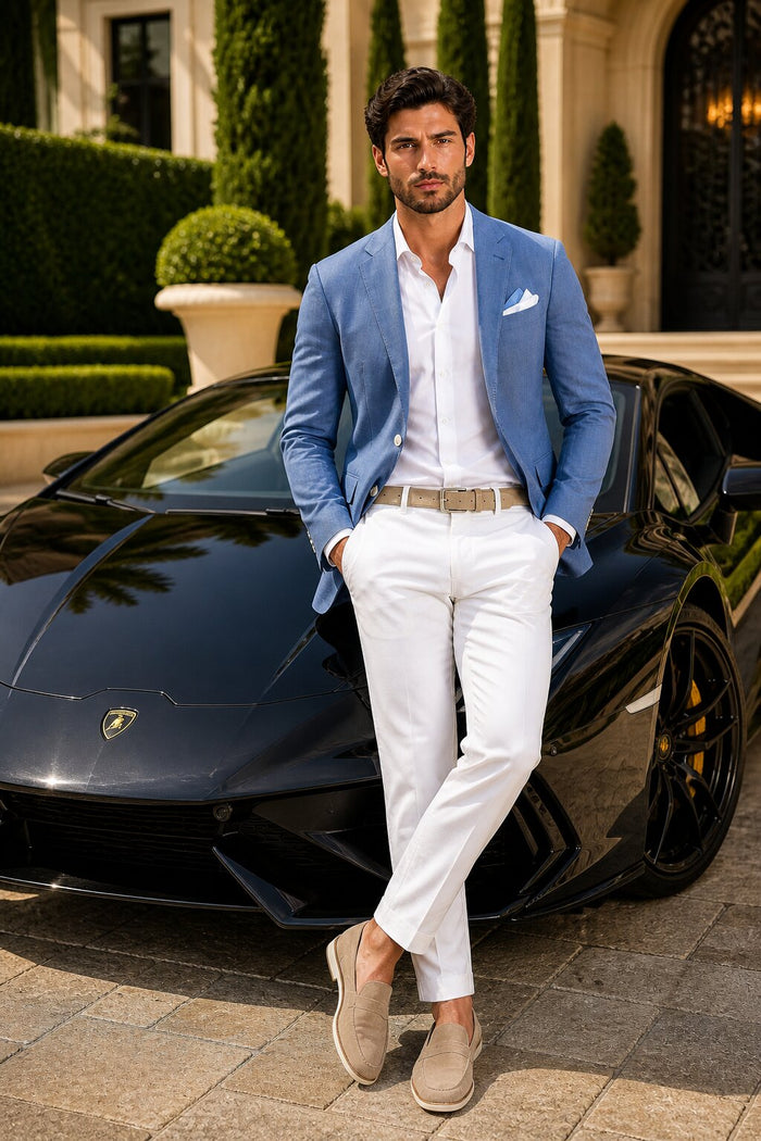 Men'S Blue One Chest Pocket Beach Weddings Attire Suit