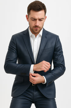 Mens Blue Slim Fit Faux Leather Suit – 1 Button Notch Lapel Blue / 38 Short Jacket+32 Waist Adjustable 28to34)(Height: 5 4 to5 7 )(Neck 15-16.5)S-M)