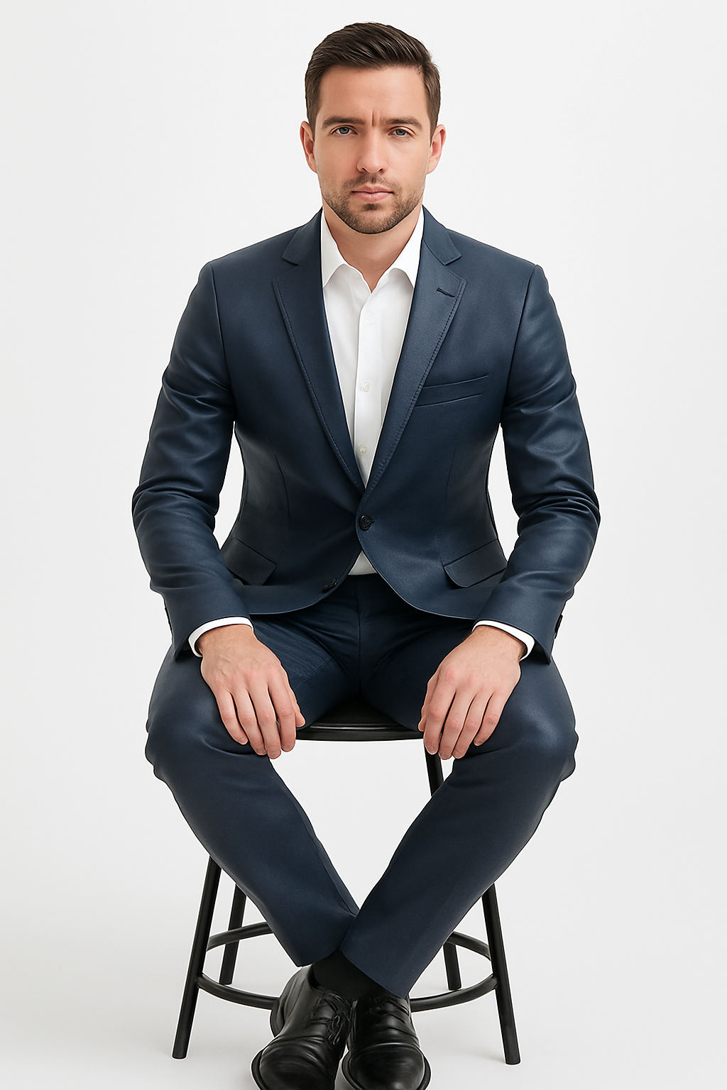 Mens Blue Slim Fit Faux Leather Suit – 1 Button Notch Lapel - Image 8