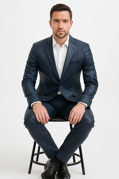 Mens Blue Slim Fit Faux Leather Suit – 1 Button Notch Lapel - Image 8