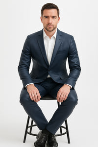 Mens Blue Slim Fit Faux Leather Suit – 1 Button Notch Lapel