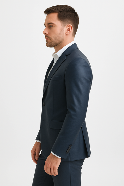 Mens Blue Slim Fit Faux Leather Suit – 1 Button Notch Lapel - Image 12