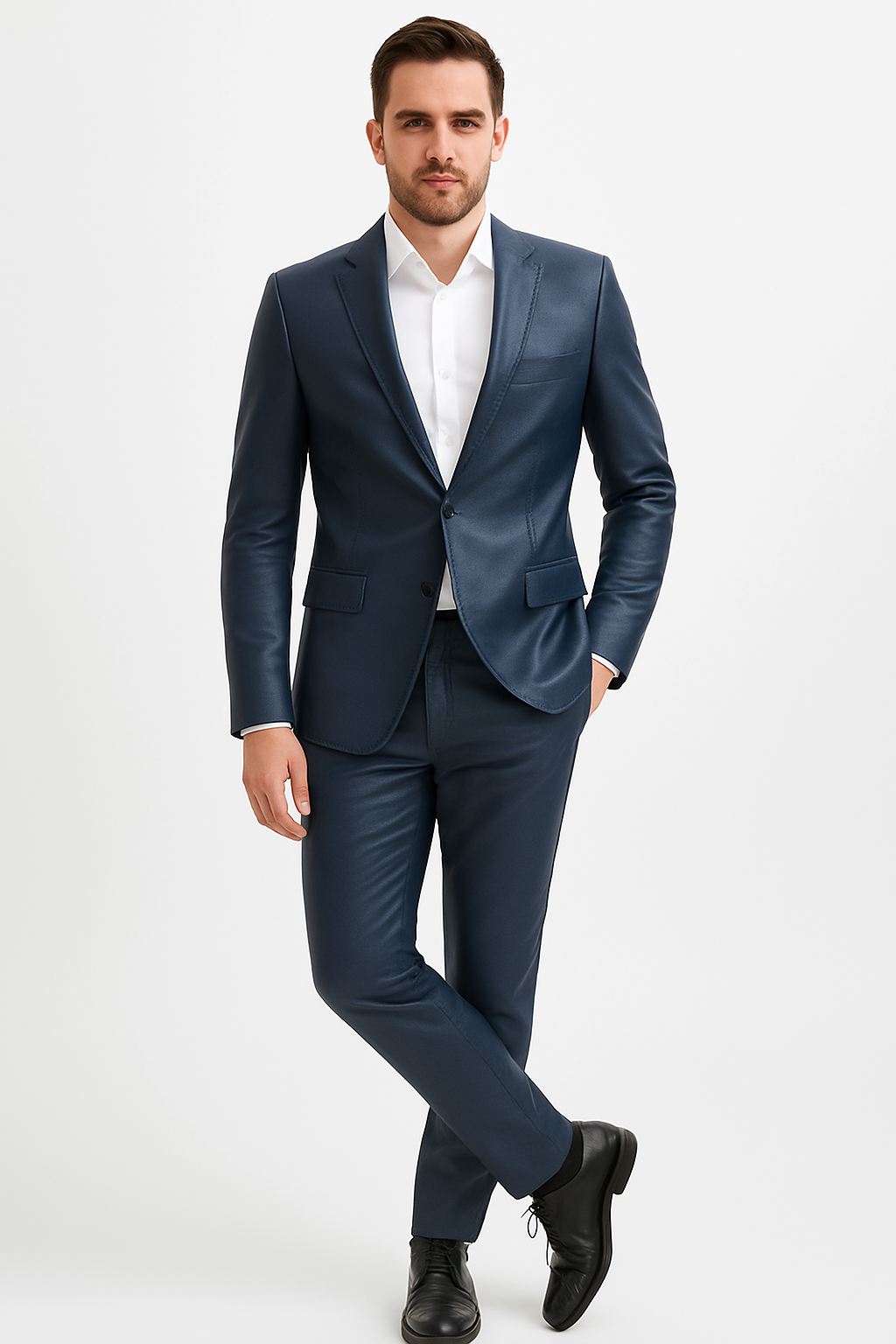 Mens Blue Slim Fit Faux Leather Suit – 1 Button Notch Lapel - Image 9