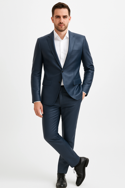 Mens Blue Slim Fit Faux Leather Suit – 1 Button Notch Lapel - Image 9