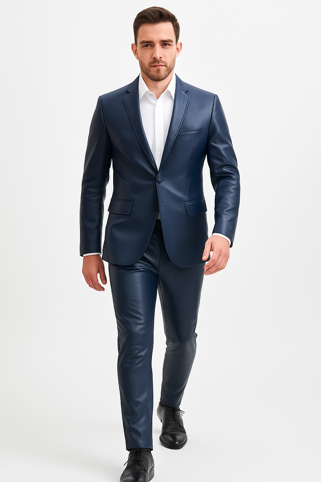 Mens Blue Slim Fit Faux Leather Suit – 1 Button Notch Lapel - Image 7