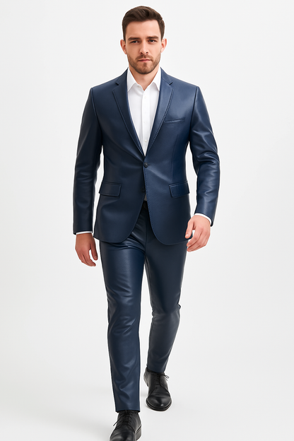 Mens Blue Slim Fit Faux Leather Suit – 1 Button Notch Lapel - Image 7