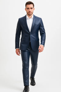 Mens Blue Slim Fit Faux Leather Suit – 1 Button Notch Lapel