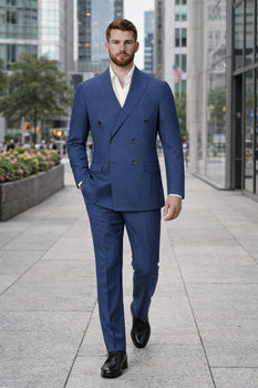 Mens Blue Wool Tiglio Double Breasted Suit – Classic Peak Lapel Suit