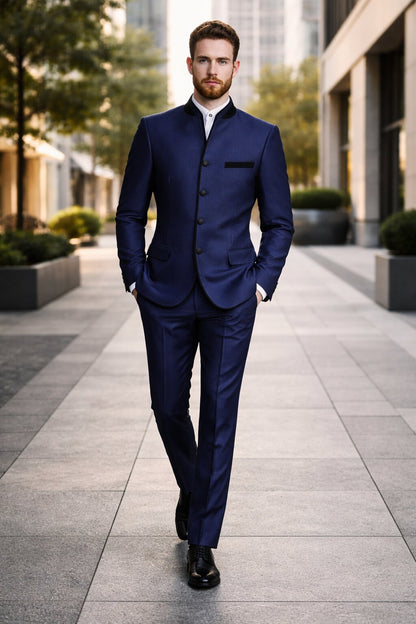Wedding Groom Suit - Prom Tuxedo Suit - No Collar Weddig Tuxedo - Blue