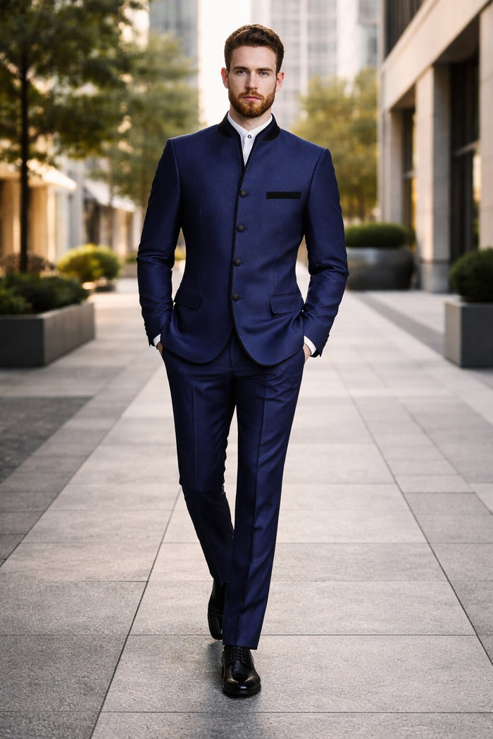 Wedding Groom Suit - Prom Tuxedo Suit - No Collar Weddig Tuxedo - Blue