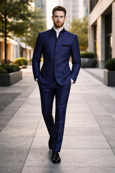 Wedding Groom Suit - Prom Tuxedo Suit - No Collar Weddig Tuxedo - Blue