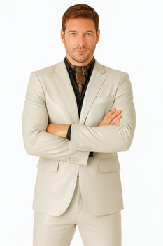 Mens Bone Slim Fit Faux Leather Suit – 1 Button Notch Lapel - Image 7