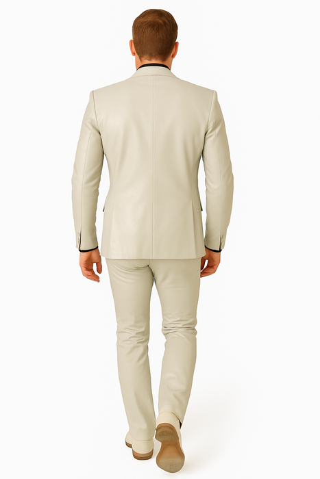 Mens Bone Slim Fit Faux Leather Suit – 1 Button Notch Lapel