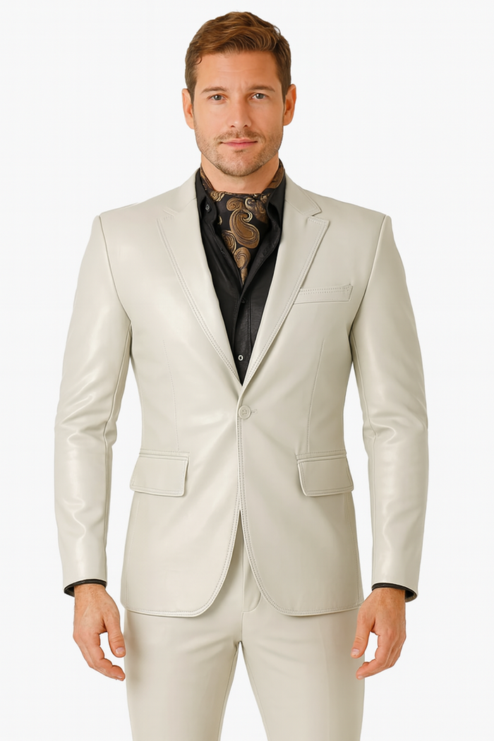 Mens Bone Slim Fit Faux Leather Suit – 1 Button Notch Lapel